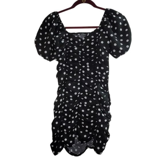 Zara Black & White Polka Dot Ruched Mini Dress with Puff Sleeves - Picture 9 of 14